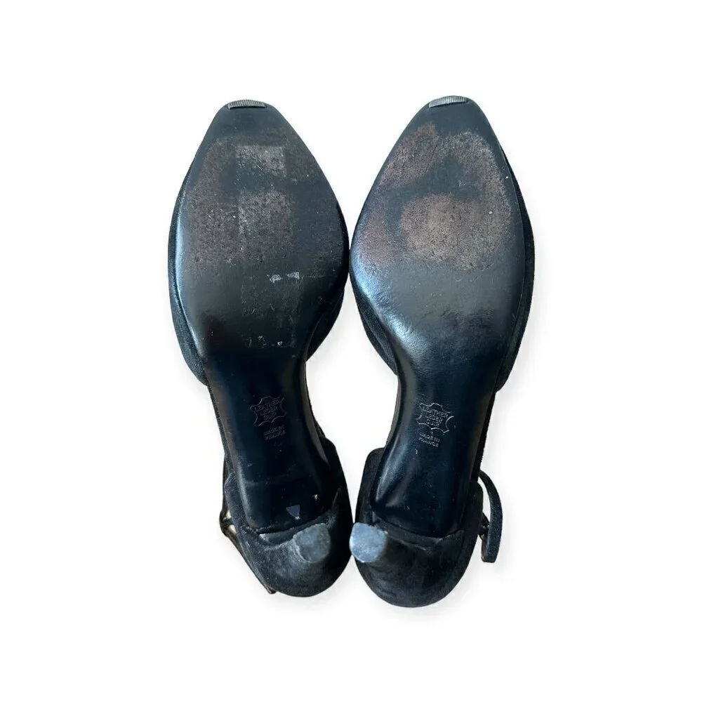 Vintage Charles Jourdan Black Suede Ankle Strap Pumps,  Size 8 1/2
